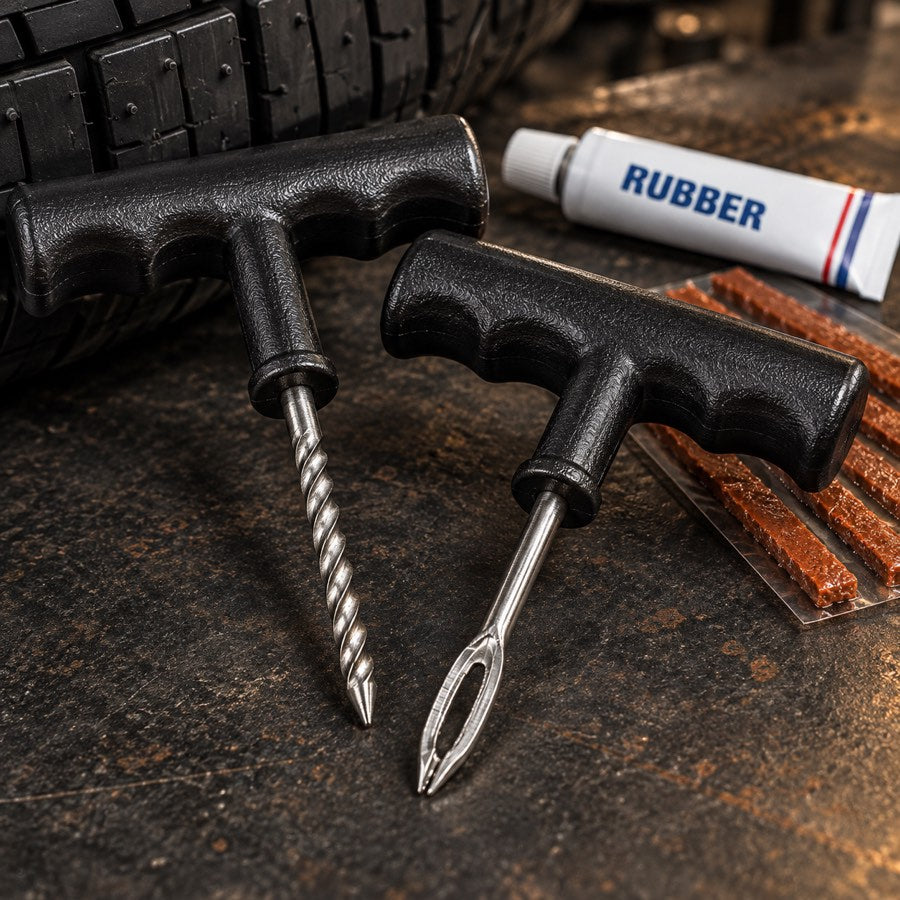 RoadReady T-handle rasp and insertion tools beside tire tread, rubber cement and repair strips