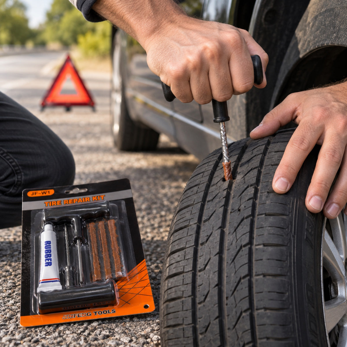 Using the RoadReady insertion tool on a tire tread puncture