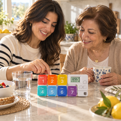 Adult daughter and mother using SmartDose in a calm daily routine