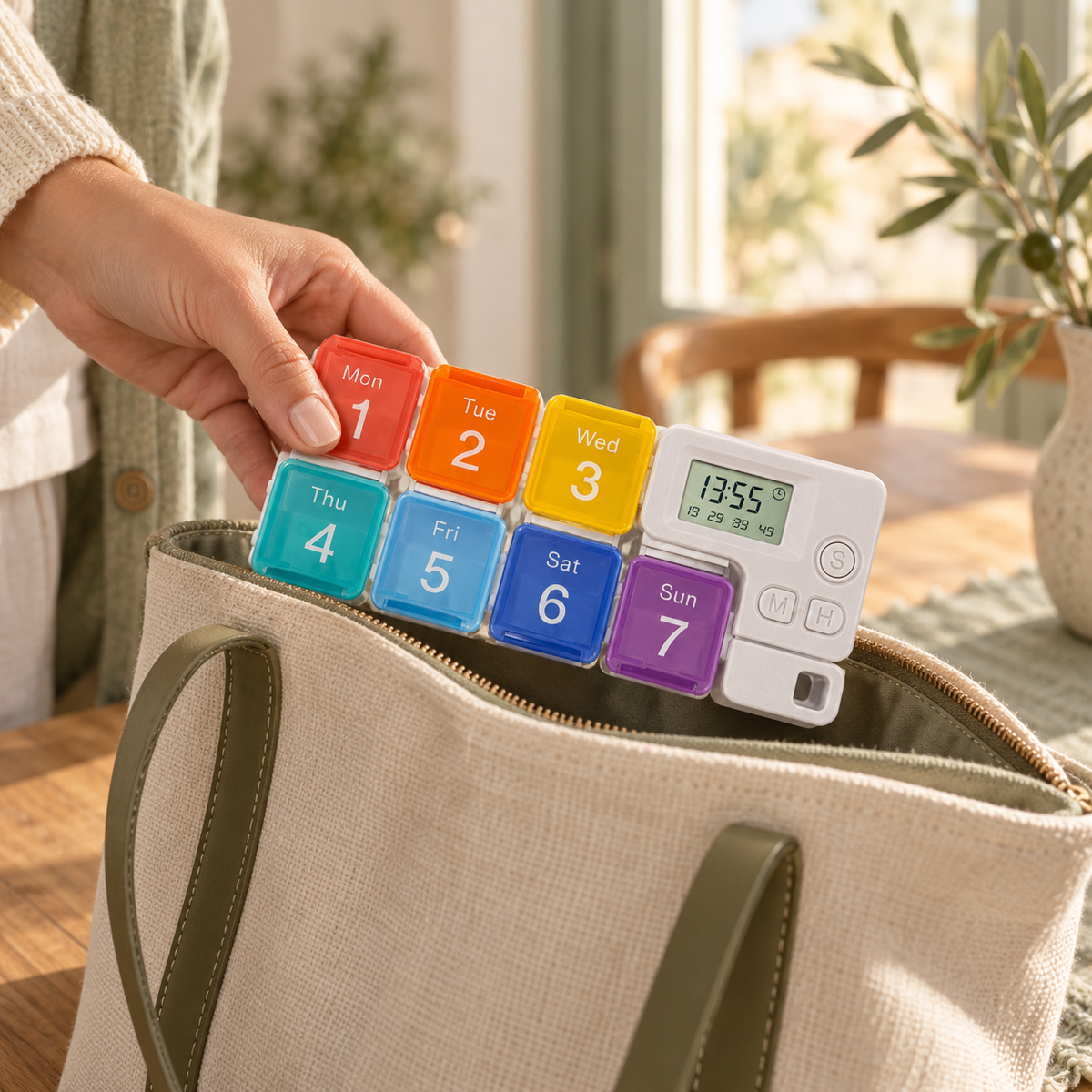 Full SmartDose organizer with alarm timer placed into a tote bag