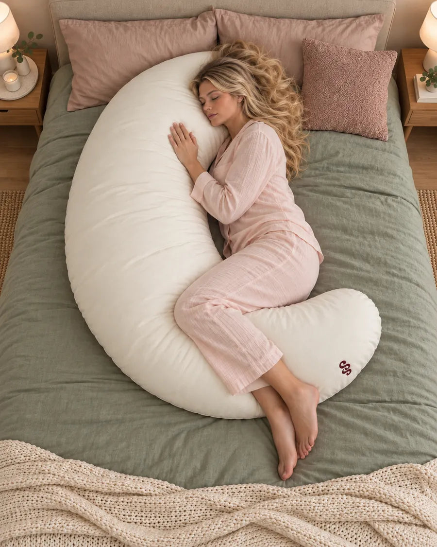 Side sleeper hugging the large cream Sunday Hug, with its ends under her head and between her knees.