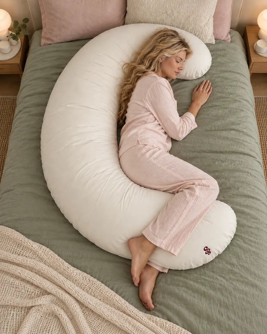 Side sleeper facing away from the cream crescent, with its broad curve behind her back.